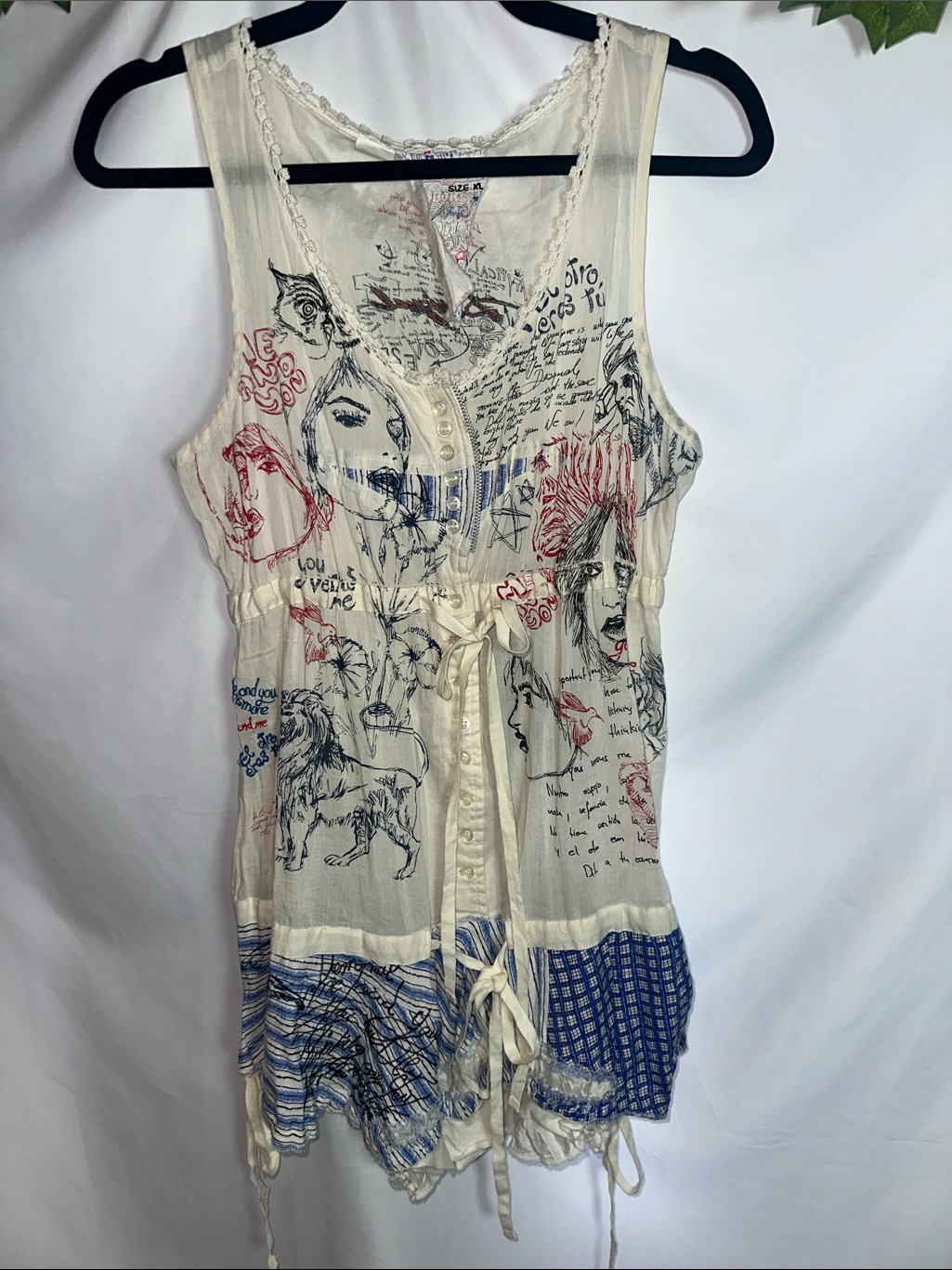 Desigual Cream Tank Top With Blue & Red Graphic Scribble Print